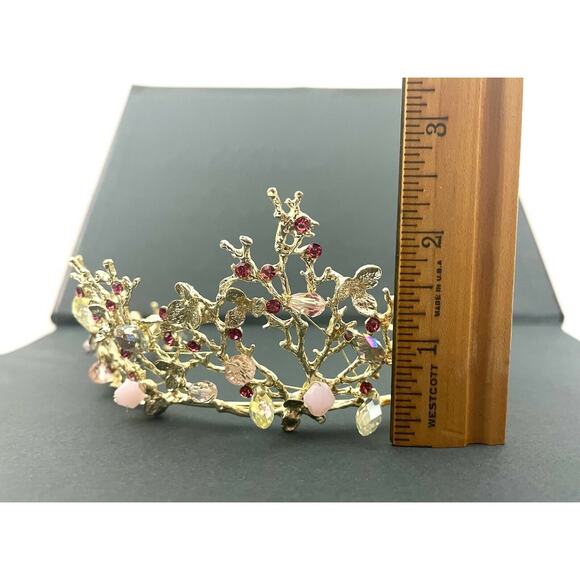 Light Pink Beaded Rhinestone Gold Tone Metal Tiara Crown NEW Elegant - Picture 4 of 9